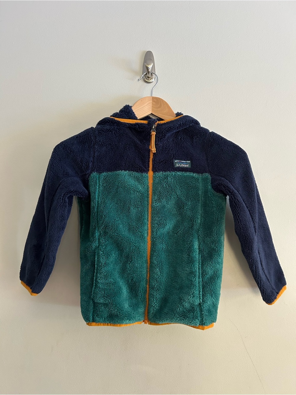 L.L. Bean Kids Hooded Sherpa Jacket - Navy & Forest Green with Orange Trim